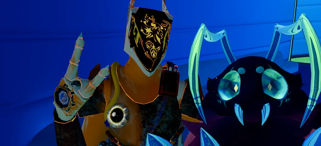 A picture in VRChat of me as my Aqua avatar, and my friend as a blue and teal centipede