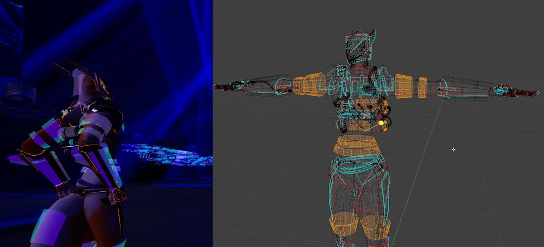 A side by side composite with a picture from VRChat on the left, showing how my rave outfit