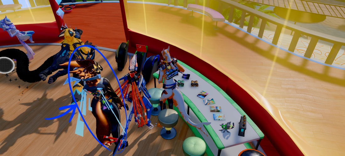 That very same meetup world in VRChat, but this time several people are crowded around my mail, and someone important for later has been circled in blue