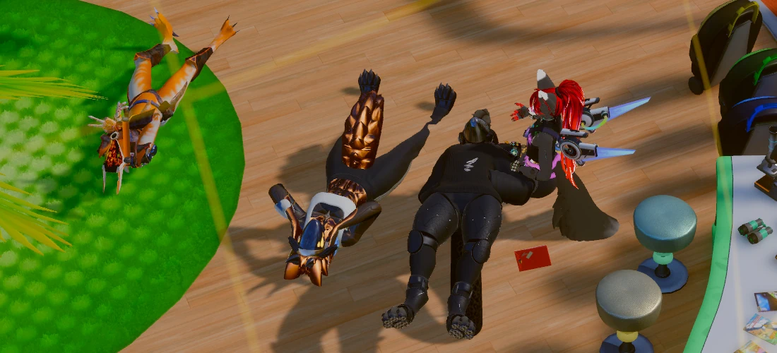 The same scene as before, but three of us are lying on the ground, talking