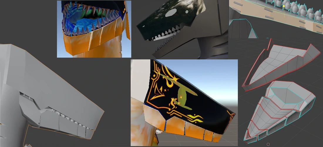 Multiple screenshots showcasing the custom jaw I made, with the original jaw from the base model shown at the top for comparison