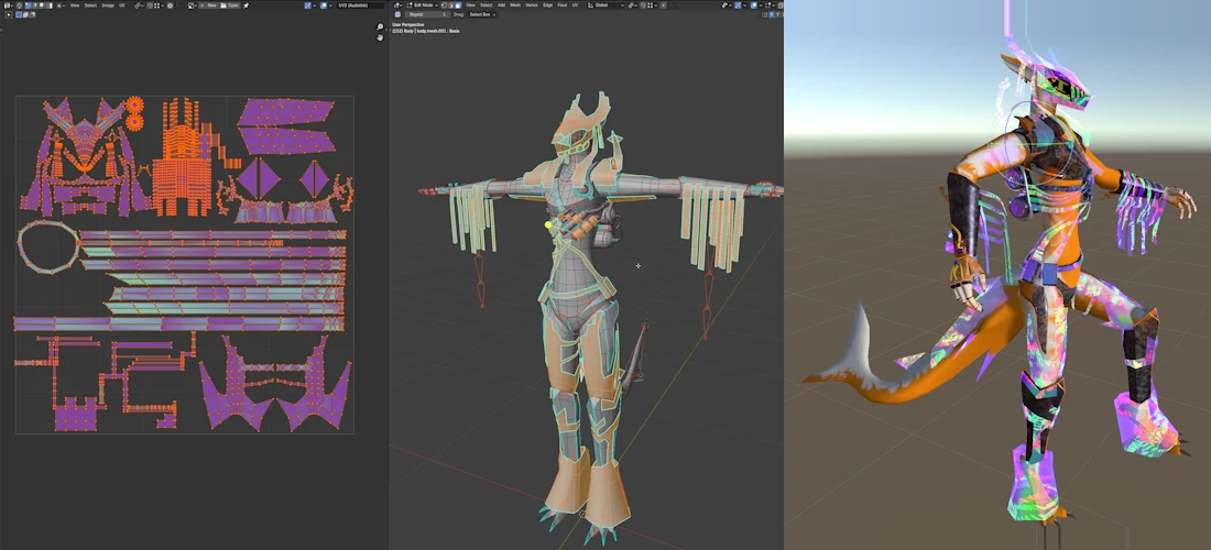 Three side by side screenshots, the first showing the UV map of the entire outfit, the center one being a full body highlight of the outfit, and on the right is it being worn and lit up in Unity