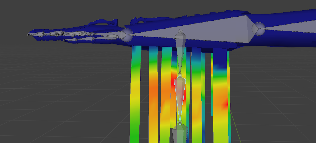 A screenshot in Blender, highlighting one of bones controlling the strips on my arm, and how those strips are weight painted to it
