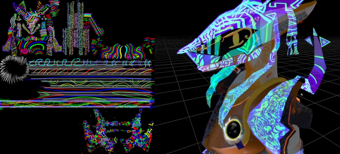 On the left is my AudioLink texture I had drawn, and on the right is a screenshot in Unity, showing how it lights up when music plays