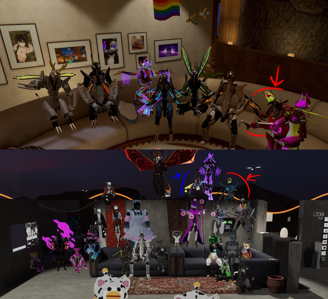 Two separate VRChat group meetup photos. The one on top is much more intimate, only eight people on a couch, while the other one has at least two dozen people in it, posing across a few concrete walls, and a couch. Both use red and blue circles to denote recurring characters