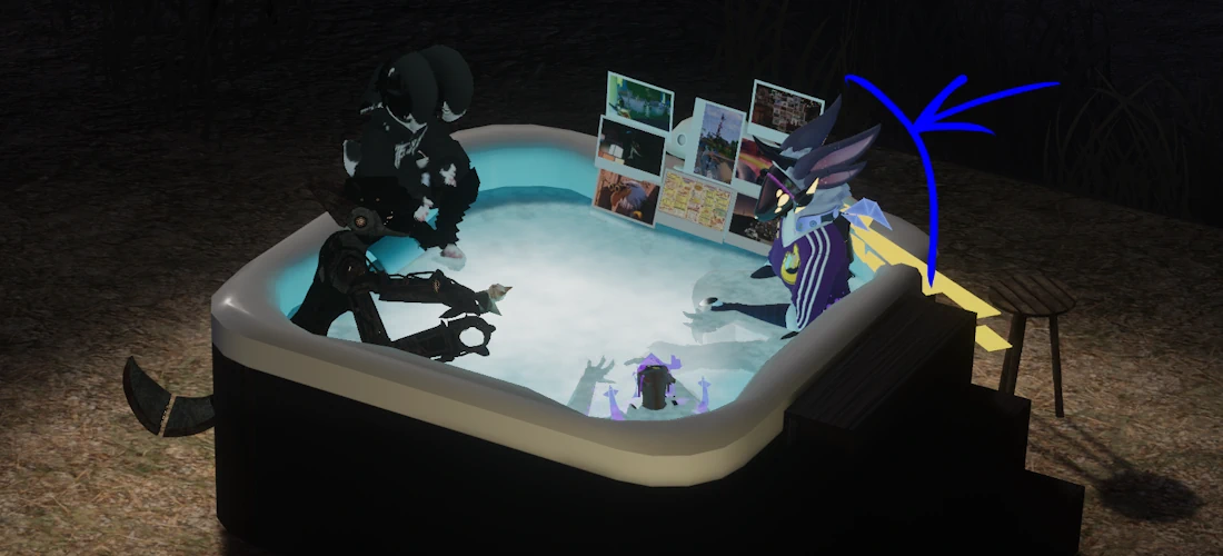 A picture in VRChat of me and three others chilling in the four corners of a hot tub, with a recurring character circled in blue