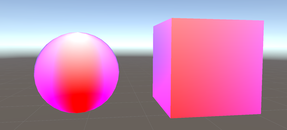 The default sphere and cube in Unity, with poiyomi's toon shader applied to it, with a TN panel effect applied to it