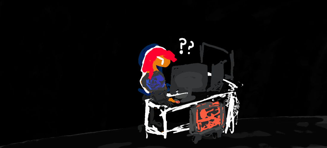 An illustration of my sona at my computer, being very confused and annoyed