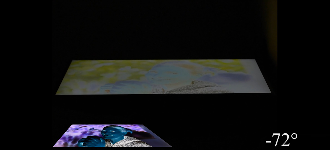 An example of a twisted nematic screen, angled upwards, with a comparison in the bottom left of what the screen would look like with even lighting, but inverted colors