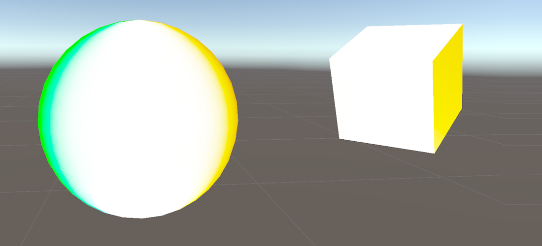 The default sphere and cube in Unity from before, with left and right hue distortion applied to it