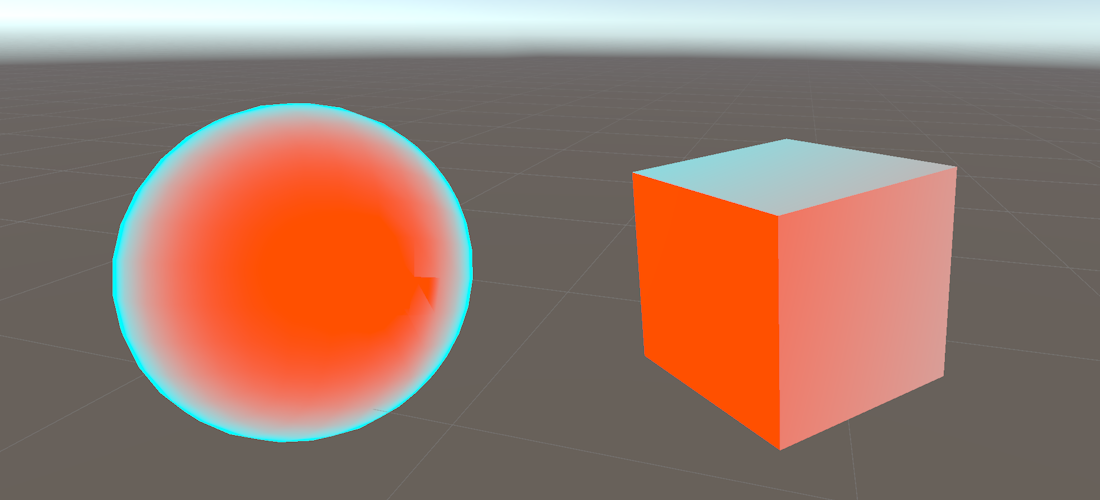 The default sphere and cube in Unity from before, with lower angle color inversion added to it