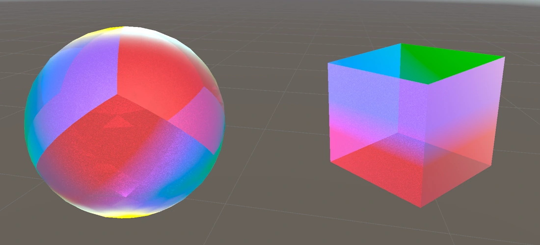 The default sphere and cube in Unity from before, with the current finished shader applied to it instead of the early TN shader