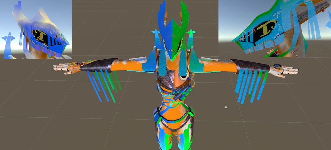 Three Unity screenshots showing various types of color distortion across a two-tone blue-green color overlay for the outfit
