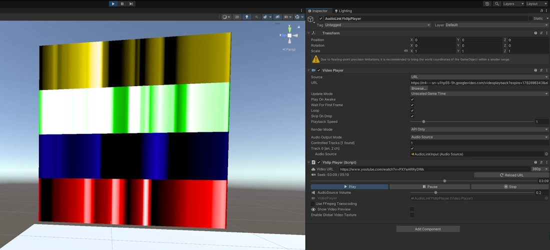 A Unity screenshot where on the left is a plane that showcases the four colored data streams that AudioLink generates from music, where yellow is treble, green is high mids, blue is low mids, and red is bass. On the right is the inspector UI for adding an audio source by URL