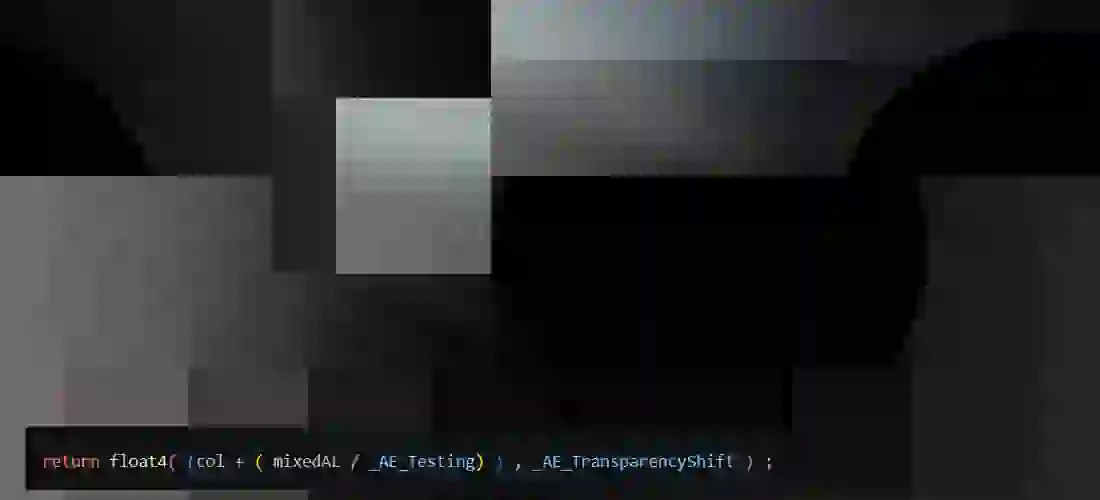 A corrupted screenshot I mangled of a black sphere, with some code in the bottom left, showcasing a case where the result of a shader can be divided by zero