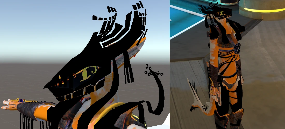 A Unity screenshot on the left, and a VRChat picture on the right for a multi-angle showcase of the outfit, where the color is divided by zero, causing all of it to be rendered as pure unlit black