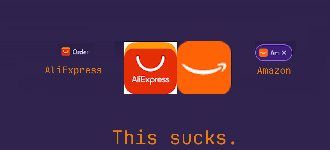 A side by side comparison of the favicon logos for AliExpress and Amazon, with captioned text at the bottom stating that this sucks