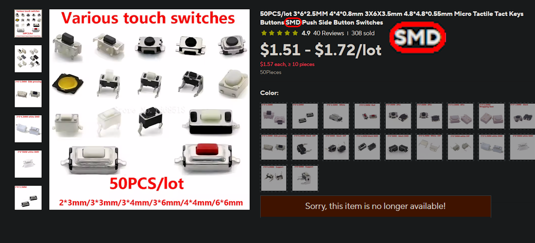 An AliExpress listing of the button that would stall me for a while