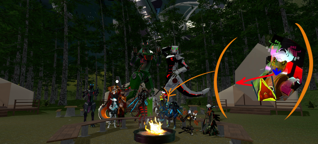 A group photo in VRChat, with myself highlighted by an orange arrow, and a zoomed in picture on the right, using red and blue arrows to denote how my head is facing a different direction to my chest
